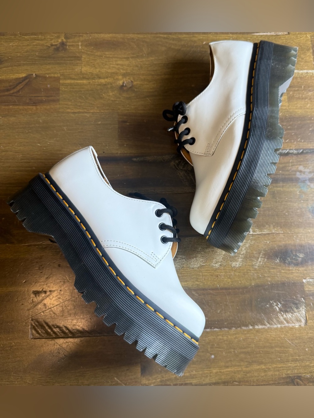 Dr. Martens White Platform Lace-Up Oxfords with Black Sole